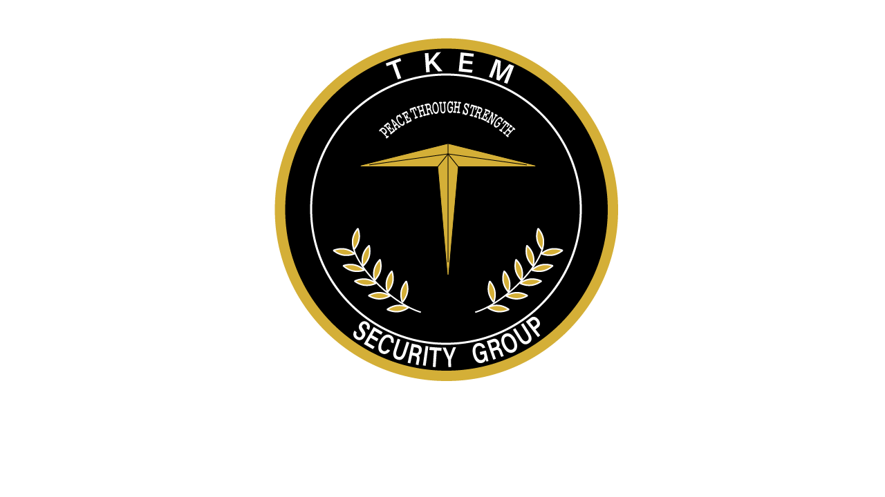 A circular emblem with a black background and gold border. Inside, there is a stylized gold and black shield with wings, above the Latin phrase "PEACE THROUGH STRENGTH." Surrounding the shield, the words "T K E M" at the top and "SECURITY GROUP" at the bottom are written in white.