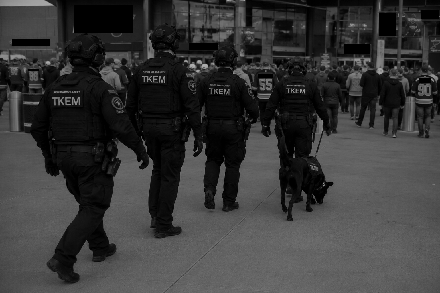 Four security officers, wearing black uniforms and helmets, walk together with one officer accompanied by a security dog, in front of a crowd of people at an outdoor event or gathering.