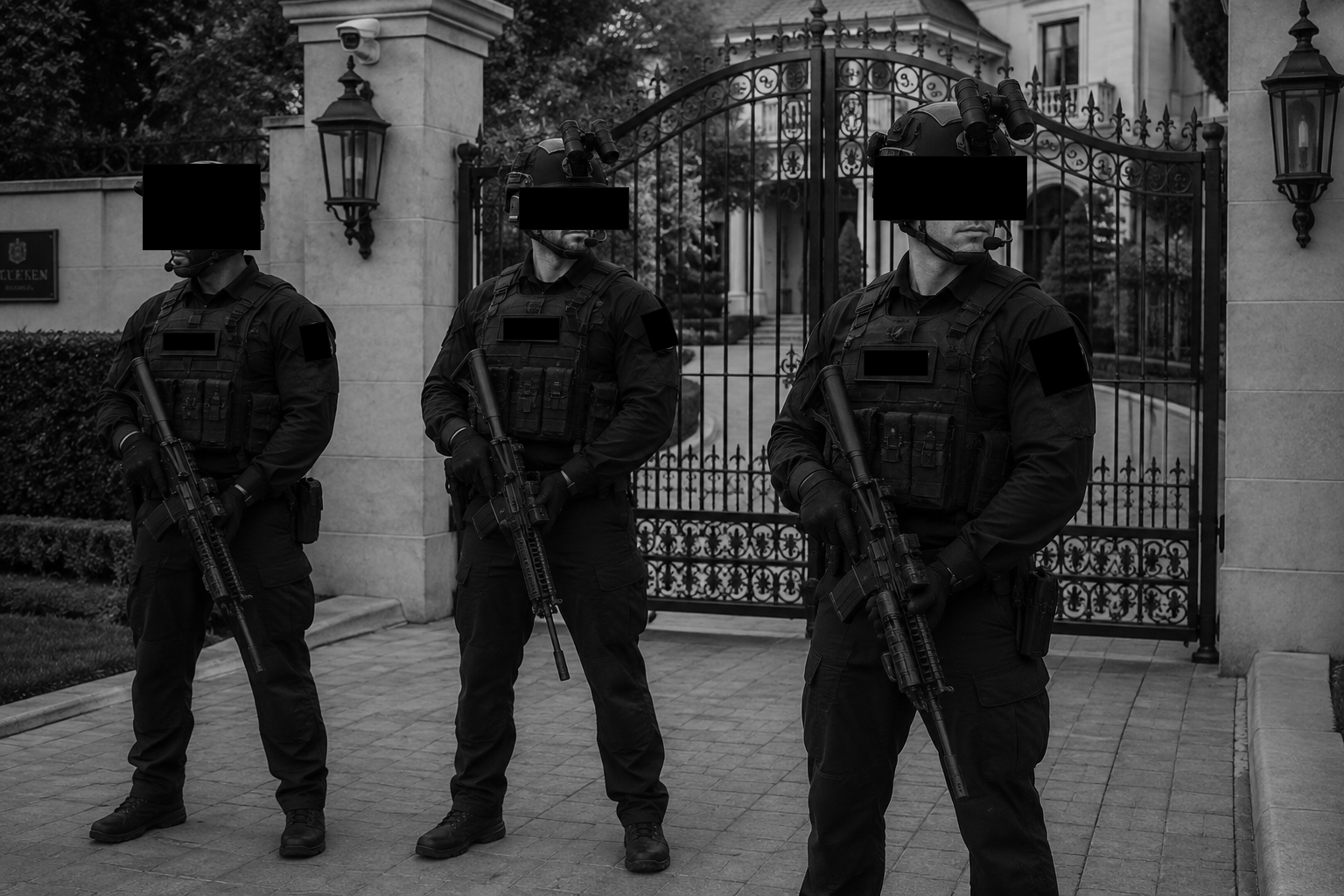 Three armed security personnel dressed in black tactical gear standing guard in front of a large ornate gate, possibly outside a private estate or mansion.