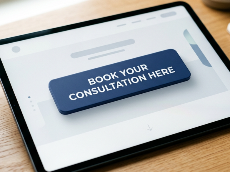 Tablet screen with a blue button labeled 'Book Your Consultation Here'.