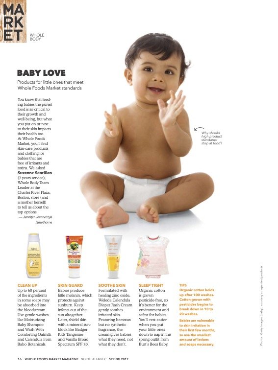 Page from a magazine featuring a baby sitting and smiling, with products for babies and skin care at the bottom, and text about baby products and their benefits.