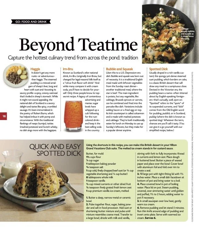 A page from a magazine or cookbook featuring a recipe and a picture of spiced baked apple slices with a spoon, topped with powdered sugar, garnished with a mint leaf, on a plate.