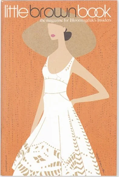 Cover of Little Brown Book, magazine for Bloomingdale's Insiders, featuring an illustration of a woman with curly hair in a white dress against an orange background.