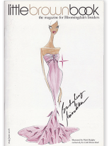 Fashion illustration of a woman in a strapless pink gown with a ruffled train, holding a pink clutch, on the cover of Little Brown Book magazine.