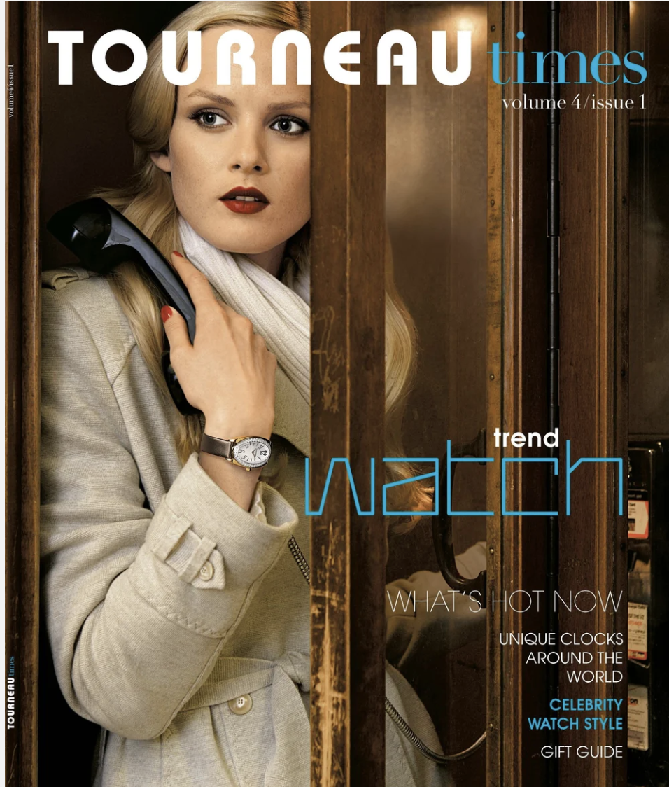Magazine cover titled 'Tourneau Times' featuring a woman with blonde hair, red lipstick, beige coat, white scarf, and a watch, holding a phone near her shoulder, standing next to vintage wooden lockers.