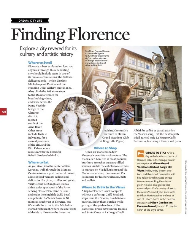 A magazine page titled "Finding Florence" with sections about exploring Florence, where to shop, where to eat, and where to stay, including photos of Florence's architecture, statues, and a woman looking at a statue.