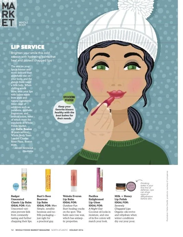 Illustration of a woman with dark hair, green eyes, and pink lips, applying lip balm, wearing a white knit beanie and green sweater, on a blue polka-dot background.
