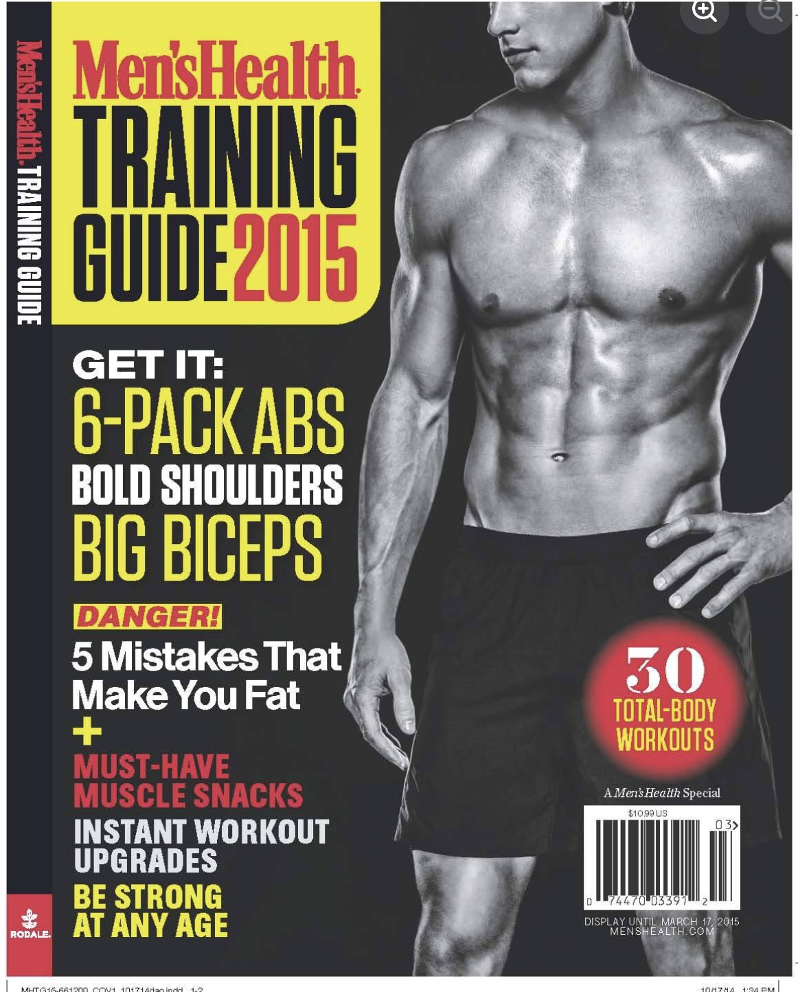 Cover of Men's Health magazine featuring a shirtless man with a muscular physique, promoting a 2015 training guide focused on abs, shoulders, and biceps, with additional tips for effective workouts.