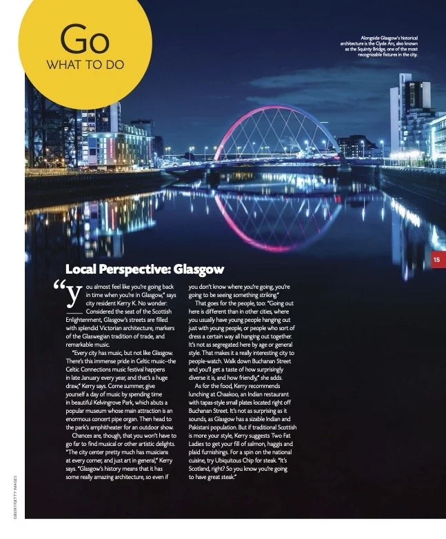 Night view of the Glasgow city skyline with illuminated buildings, a lit-up ferris wheel, and its reflection in the river.