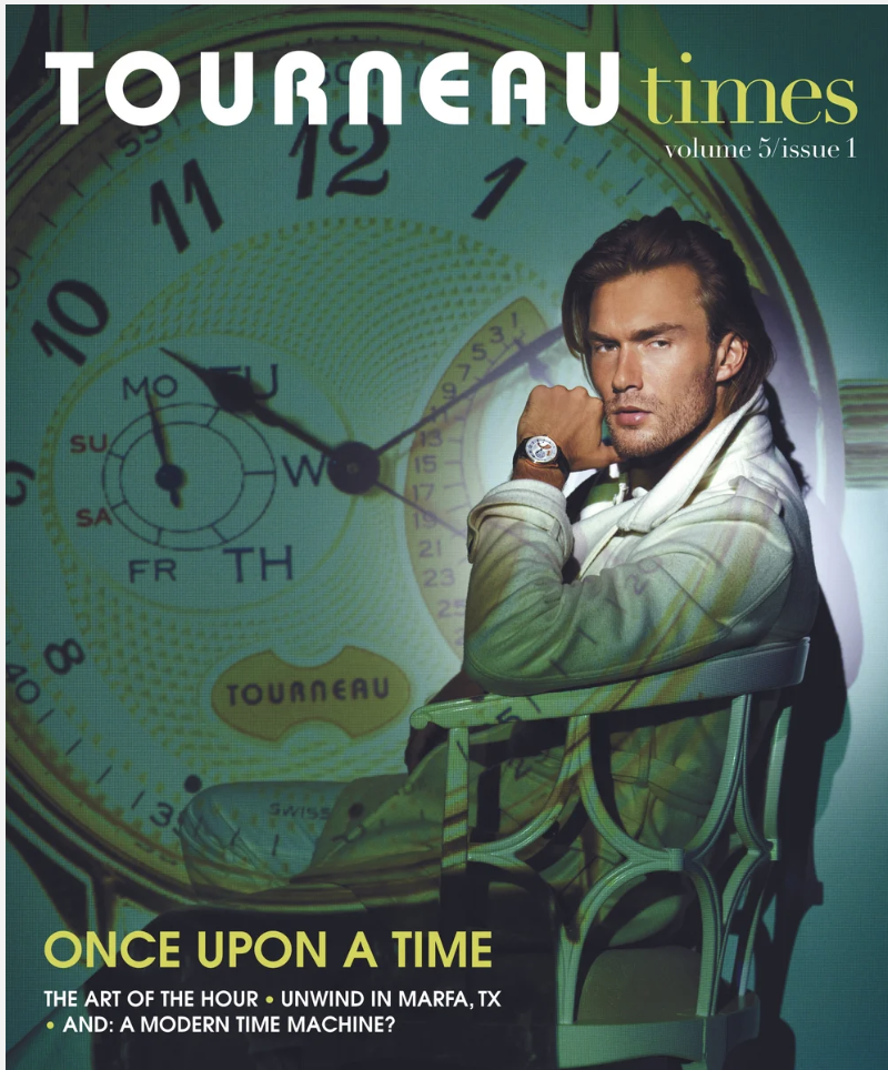 Cover of 'Tourneau Times' magazine, volume 5, issue 1, featuring a young man with brown hair in a gray hoodie, sitting on a chair with his arm resting on his knee, in front of a colorful background with a large clock and watch face.