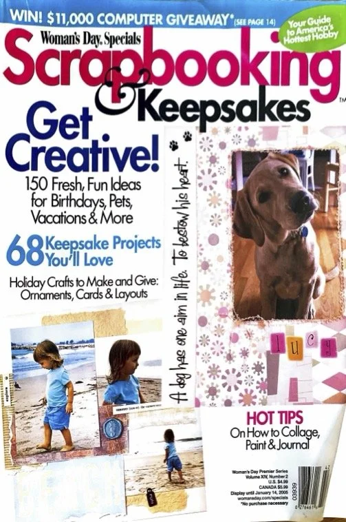Cover of Woman's Day Special Scrapbooking & Keepsakes magazine featuring a dog, children by the water, and various craft supplies.