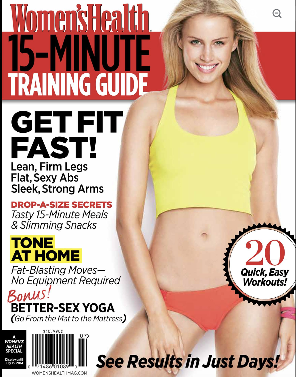 Cover of Women's Health magazine featuring a smiling woman in a yellow sports bra and red shorts, with headlines about fitness and weight loss tips, including a 15-minute training guide, secret meals, and at-home exercises.