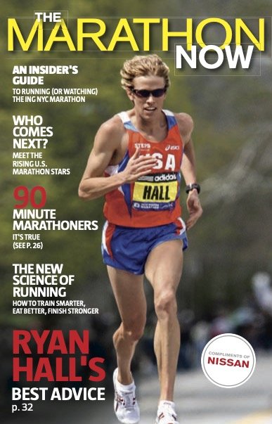 Magazine cover featuring Ryan Hall running in a marathon, wearing sunglasses, a blue and red athletic outfit, and a bib with the number 5.