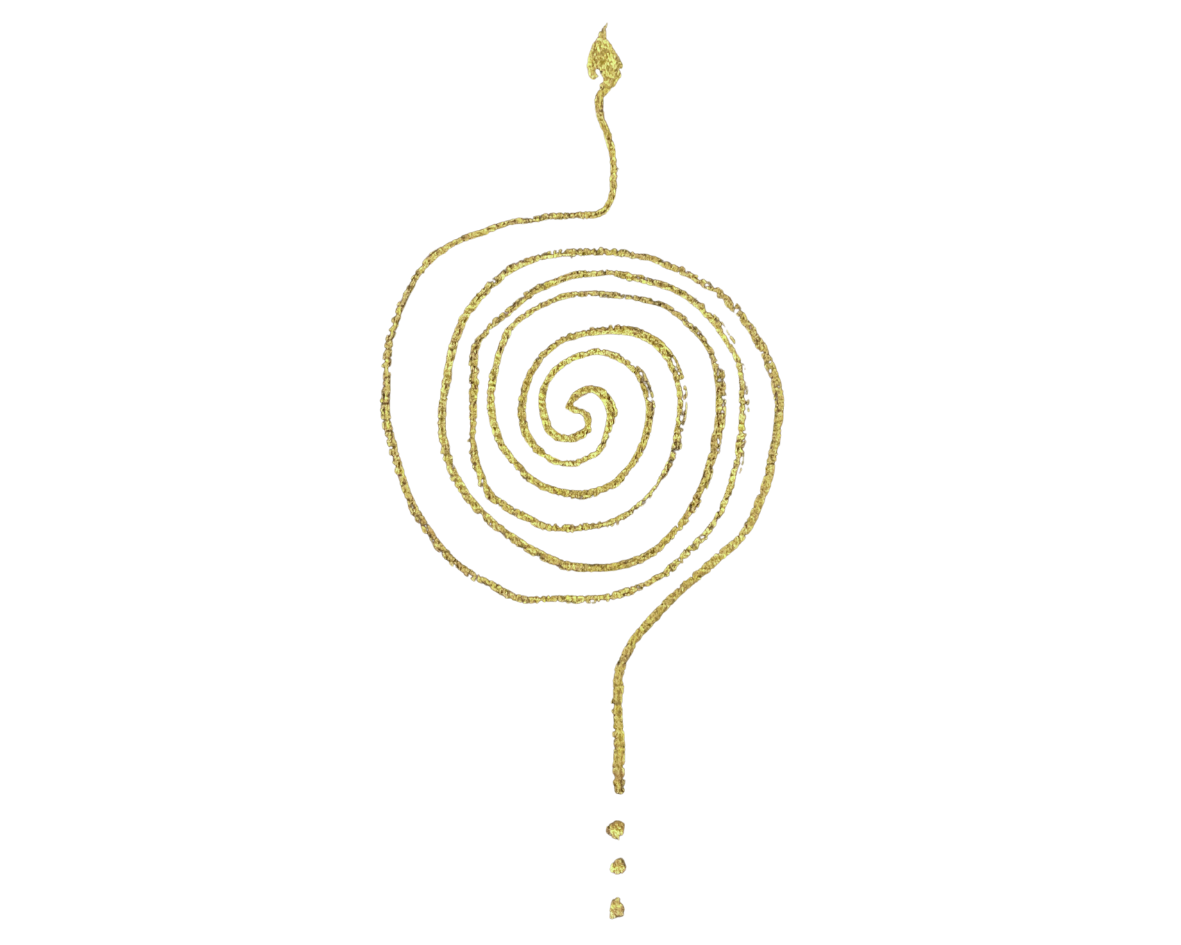 A question mark with a spiral design inside, all in gold on a black background.