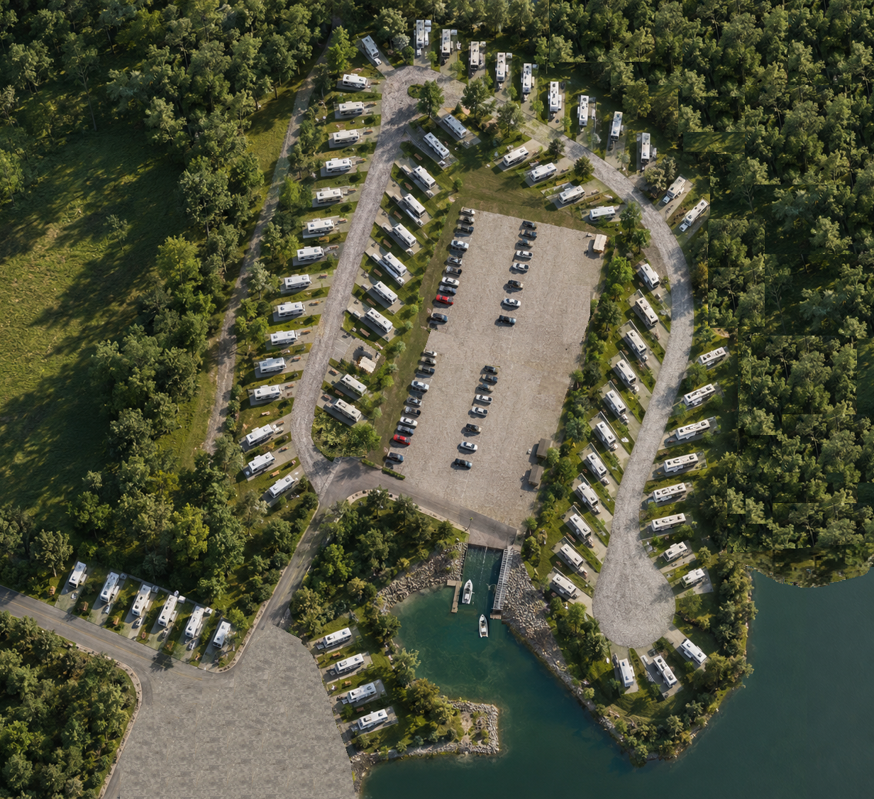 Aerial view of a parking area with many RVs and cars surrounded by greenery and trees, with a small pond or lake nearby.