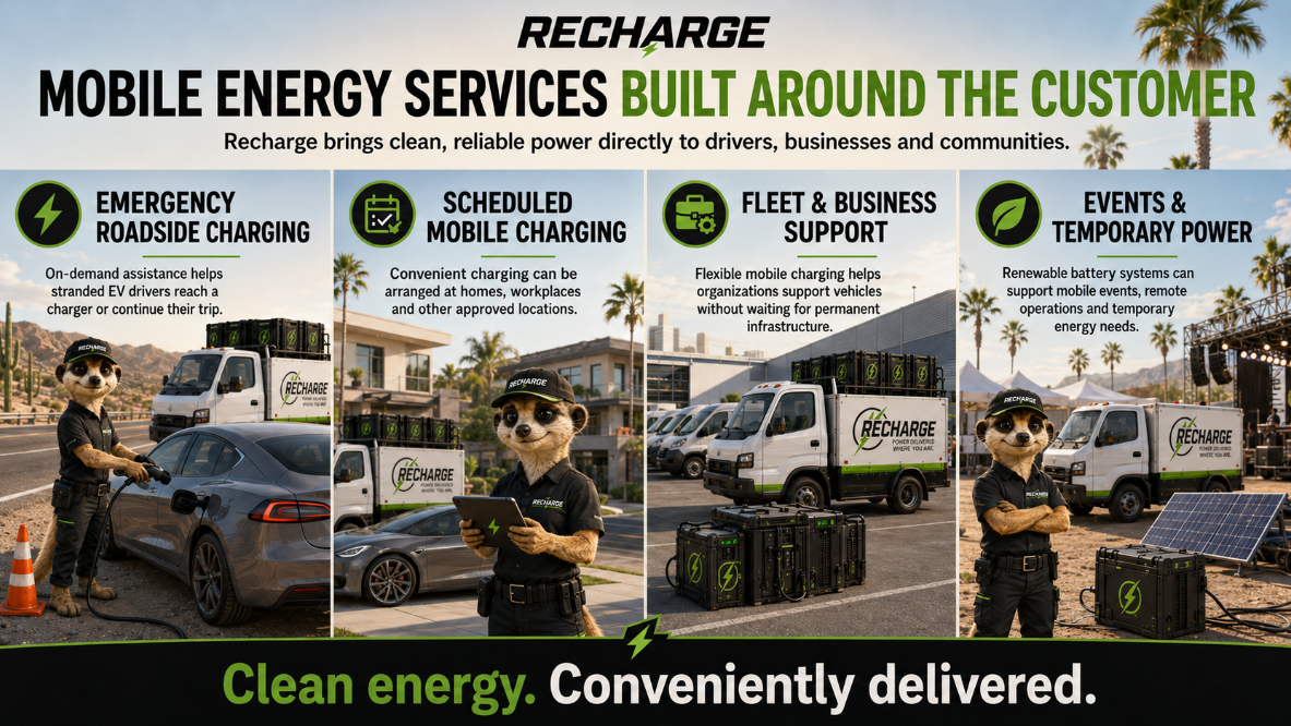 An informational sign about mobile energy services by RECHARGE, featuring four sections with images of service vehicles, charging stations, and a dog mascot in uniform. The sign emphasizes emergency roadside charging, scheduled mobile charging, fleet and business support, and events and temporary power, promoting clean, reliable power solutions.