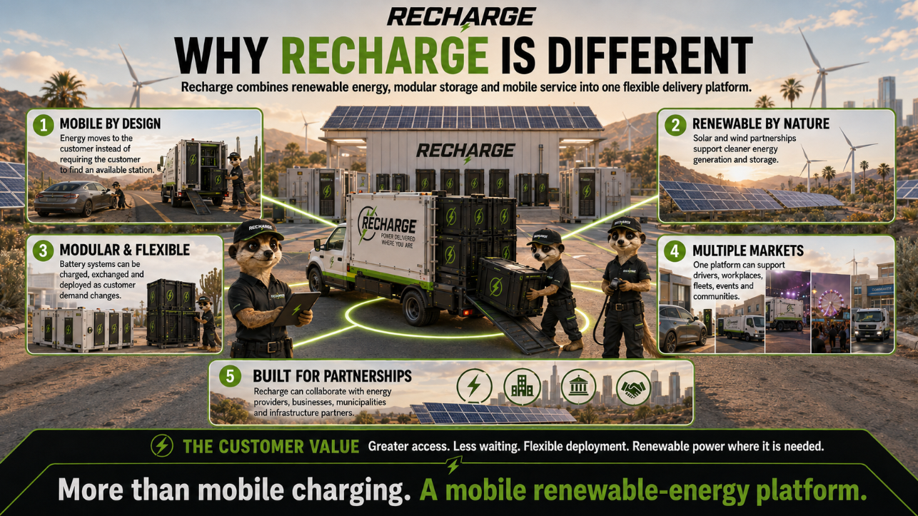 Diagram illustrating the benefits of Recharge's mobile renewable-energy platform, including features such as mobility by design, renewable energy sources, modular systems, suitability for multiple markets, and partnerships.