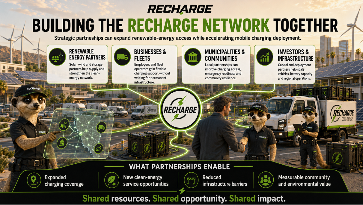 Infographic titled 'Recharge: Building the Recharge Network Together' showing partnerships among renewable energy, businesses, municipalities, and investors, with visuals of wind turbines, solar panels, trucks, and community members, highlighting expanded charging coverage, new energy opportunities, reduced infrastructure barriers, and environmental benefits.