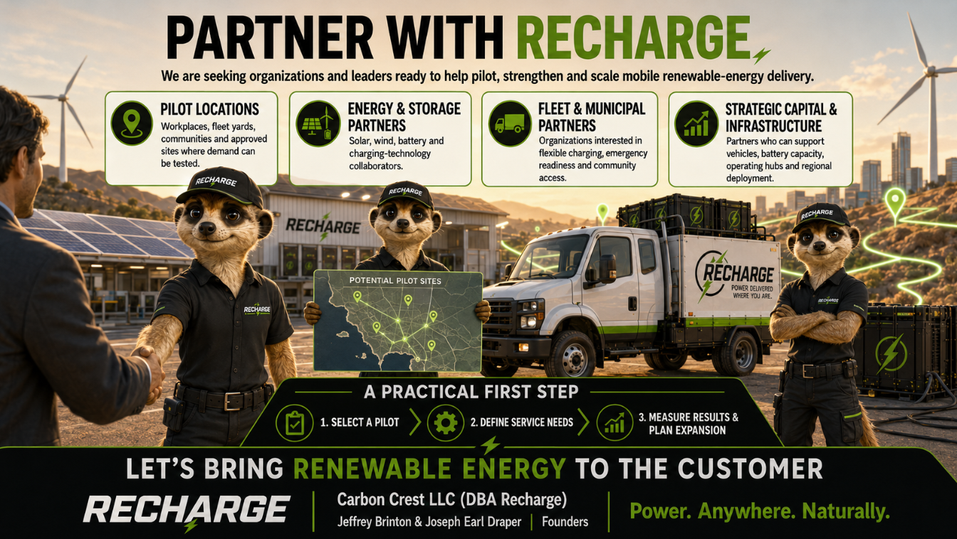 A promotional poster for a renewable energy company called Recharge. It features three dog mascots dressed in black uniforms with green Recharge logos, one man in a suit shaking hands with one of the dogs, and a white utility truck with Recharge branding. The background shows wind turbines, solar panels, and a cityscape. The poster outlines partnership categories including pilot locations, energy storage, municipal fleets, and infrastructure, with steps to choose a pilot, define needs, and measure results. The slogan is "Let's bring renewable energy to the customer," and the founders are Jeffrey Brinton and Joseph Earl Draper.