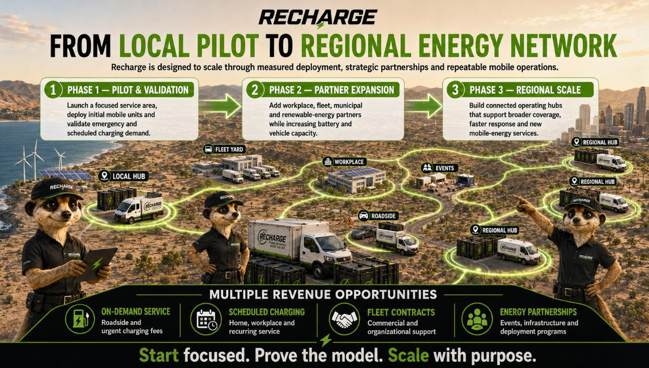 An infographic titled "From Local Pilot to Regional Energy Network" explaining the three phases of deploying mobile energy services: Phase 1 - Pilot & Validation, Phase 2 - Partner Expansion, Phase 3 - Regional Scale. It features cartoon dogs in uniforms, illustrating various stages like local hubs, fleet yards, workplaces, roadside services, events, and regional hubs in a desert cityscape setting with wind turbines and power lines, emphasizing multiple revenue opportunities and deployment strategies.