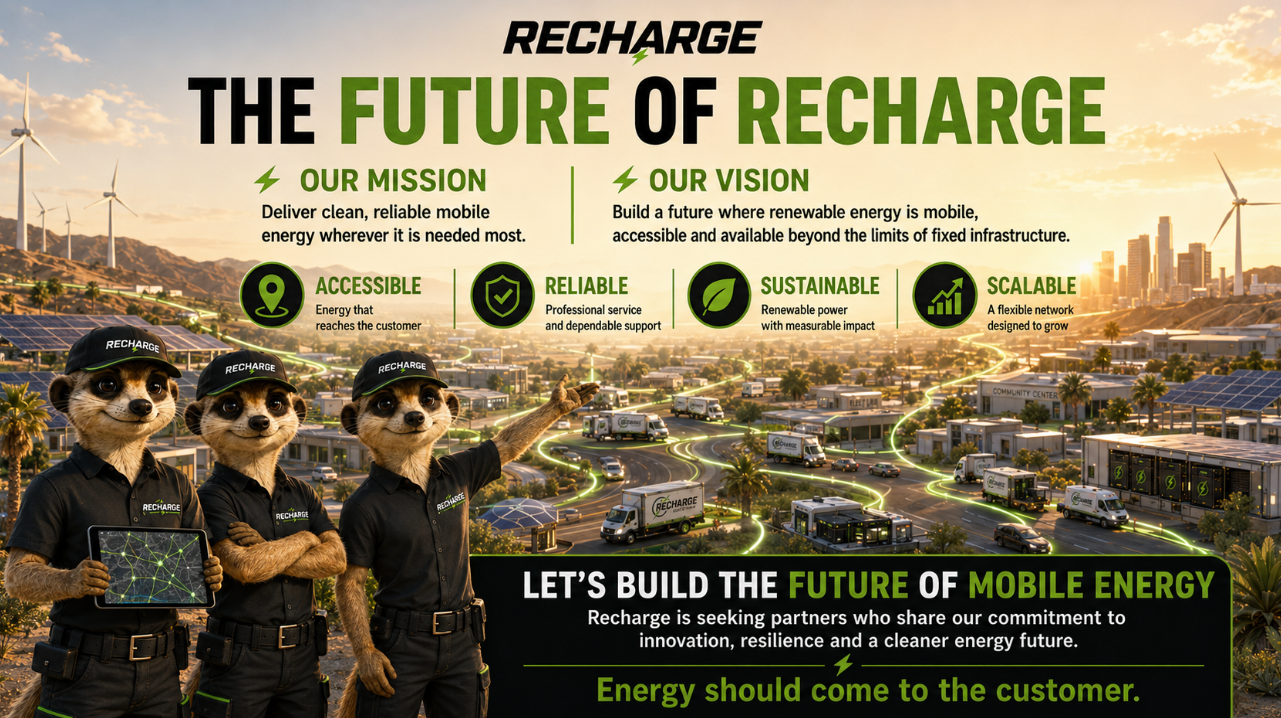 An advertisement for Recharge promoting the future of mobile energy with renewable, reliable, accessible, scalable, and sustainable energy solutions. Features three dogs in black uniforms with Recharge hats, standing in front of a scenic cityscape with wind turbines and solar panels, pointing towards the future of renewable energy.