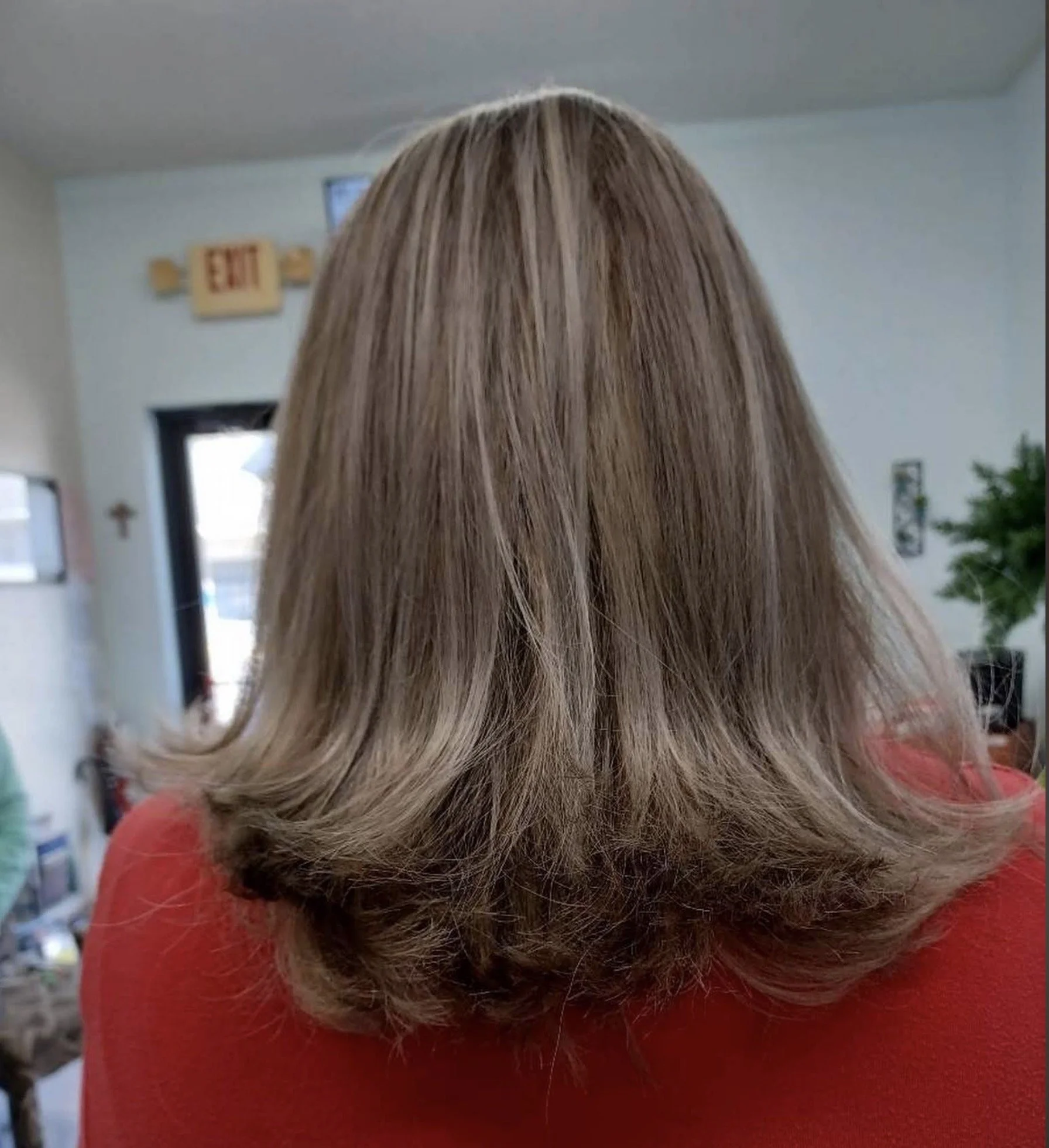 Close-up of a person's head with light blonde, layered hair, wearing a red top, in a room with light-colored walls and various decorations.