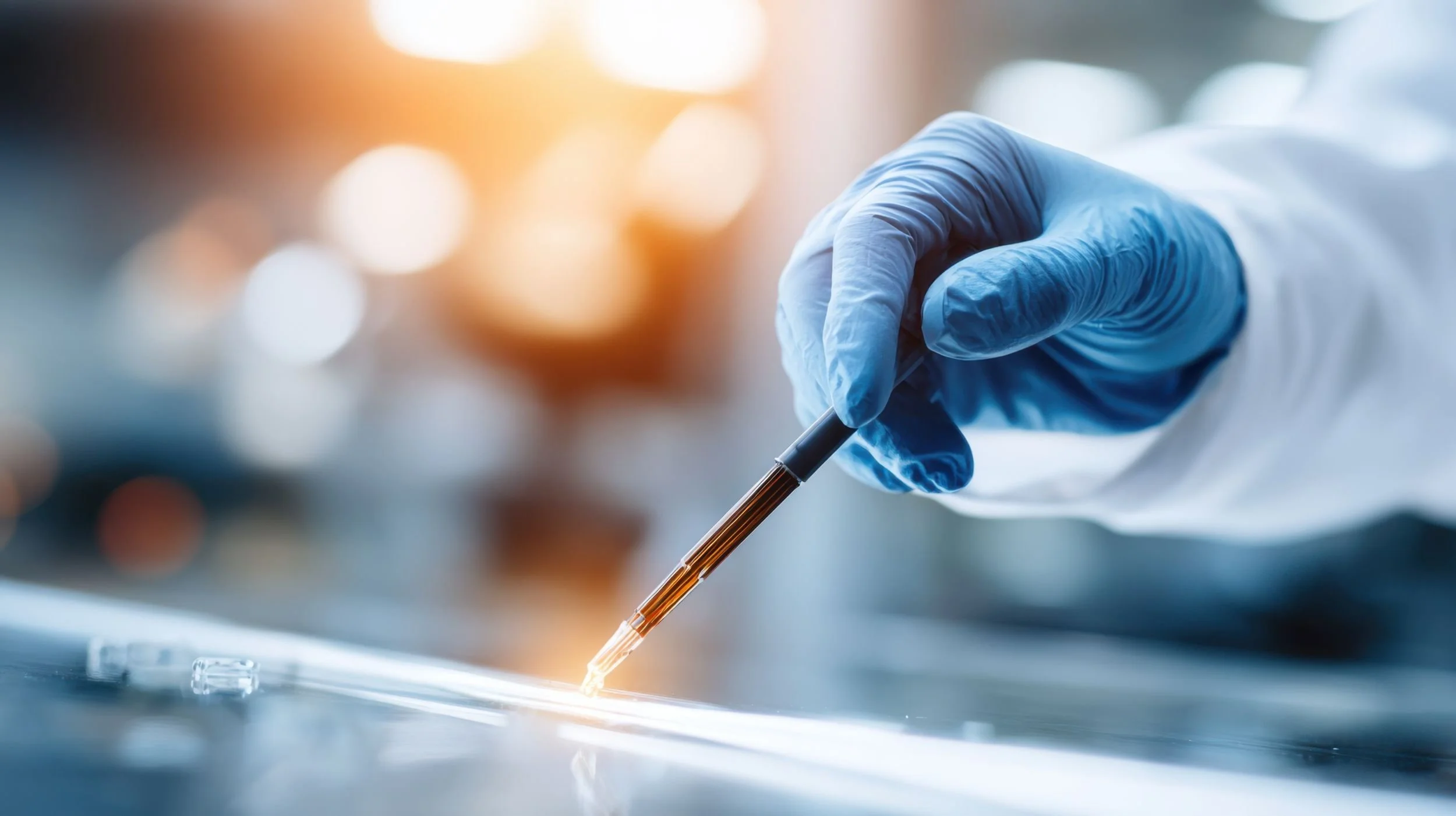 A scientist wearing a blue glove is handling a pipette with a liquid sample in a laboratory.