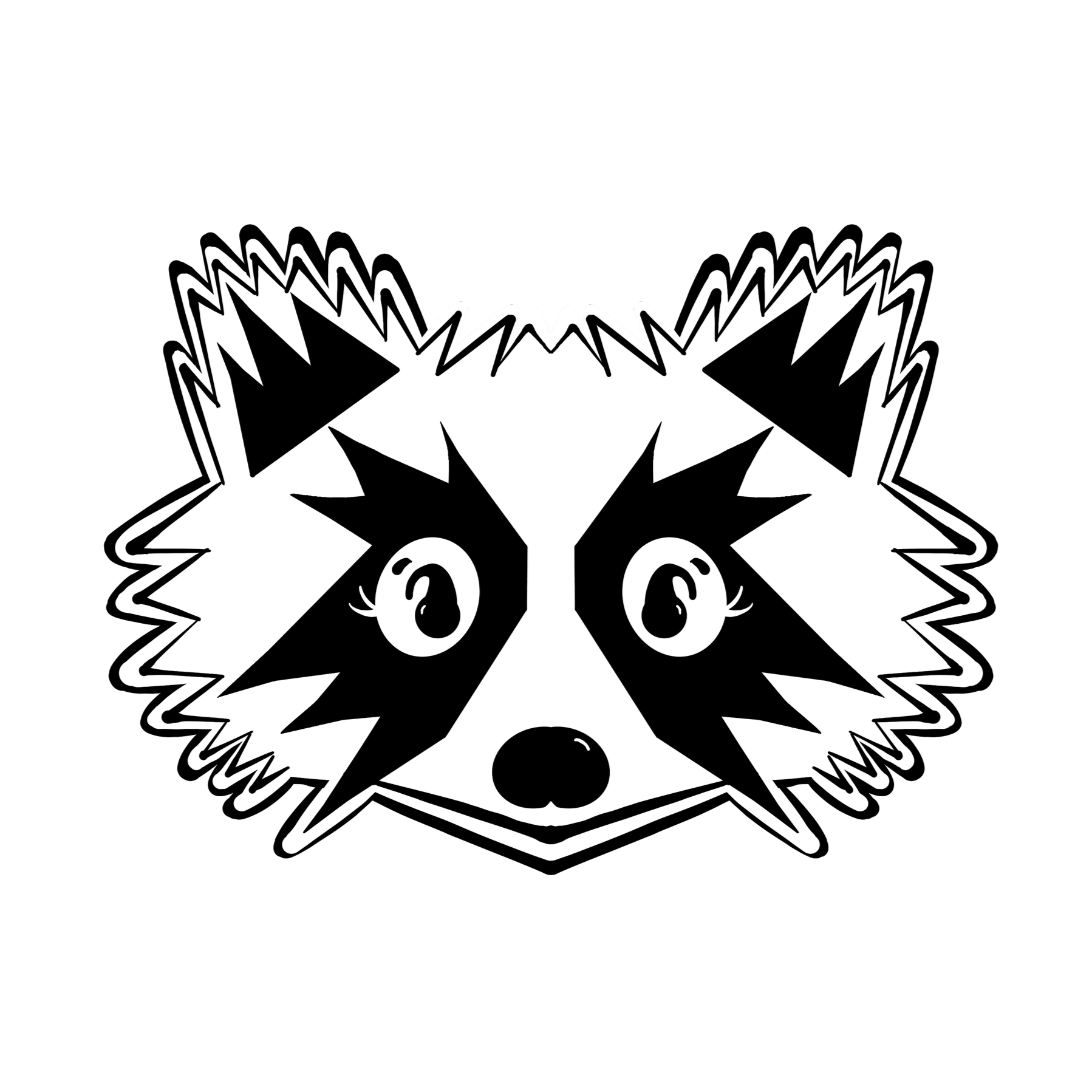 Black and white illustration of a hedgehog with large eyes and spiky fur, facing forward.