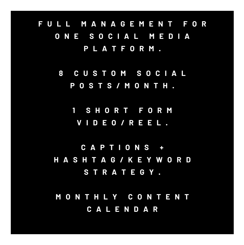 Black background with white, bold, centered text describing social media management services, including posts, short videos, captions, hashtags, and a content calendar.