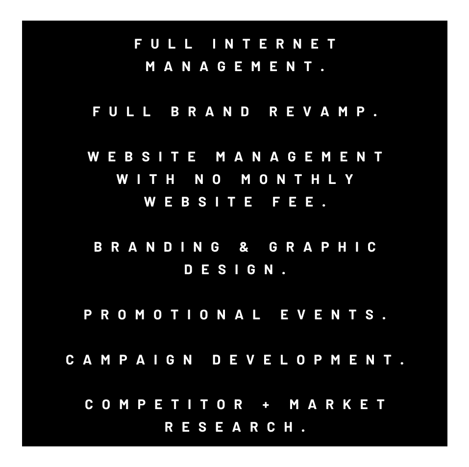 Black background with white text listing digital marketing services such as internet management, branding, website management, graphic design, promotional events, campaign development, and market research.