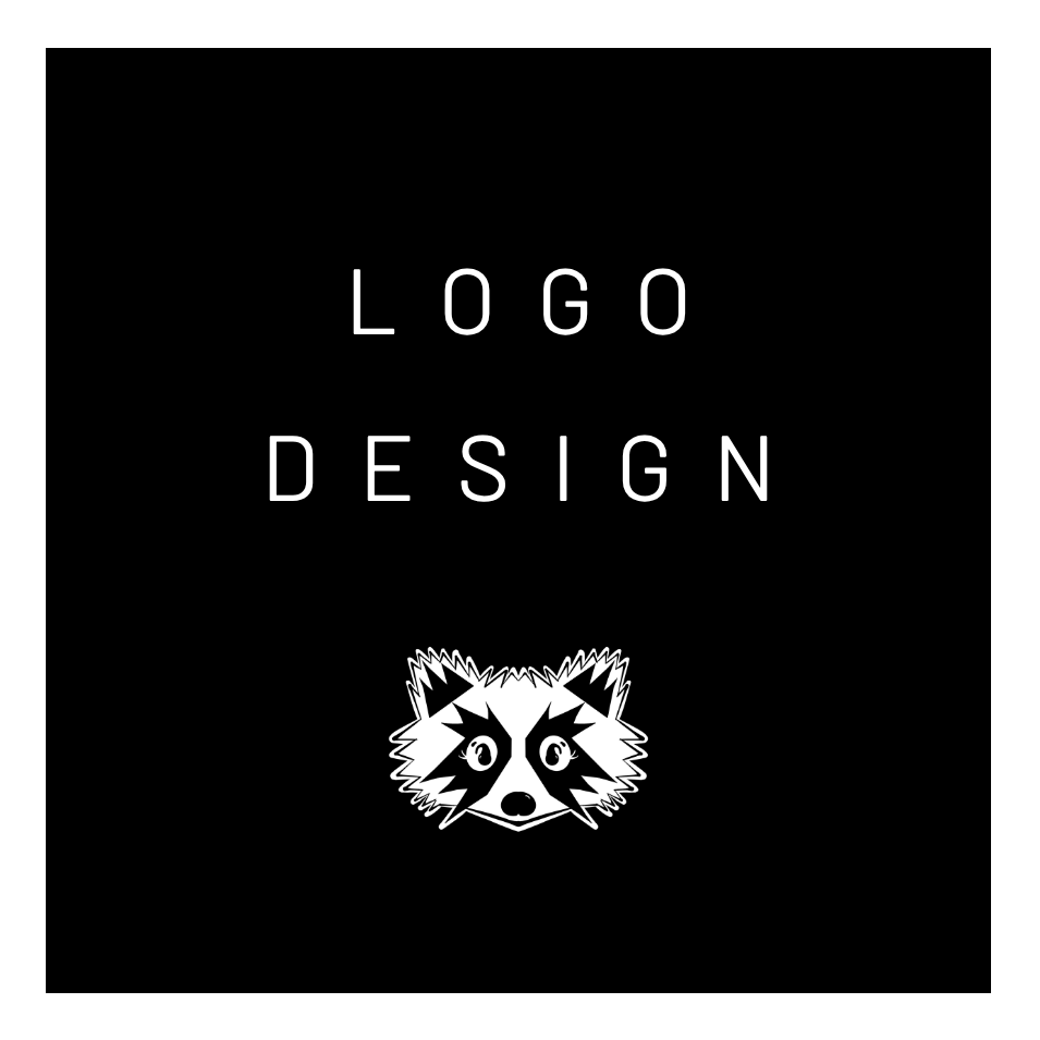 Black background with white text that says "Logo Design" and a stylized raccoon face logo at the bottom center.