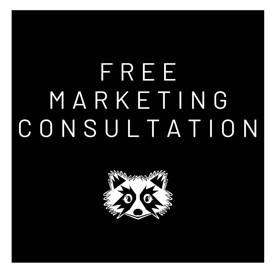 Black background with white text reading 'Free Marketing Consultation' and a raccoon graphic below the text.