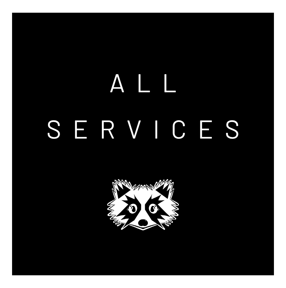 Black background with white text reading 'ALL SERVICES' and a stylized raccoon face below.
