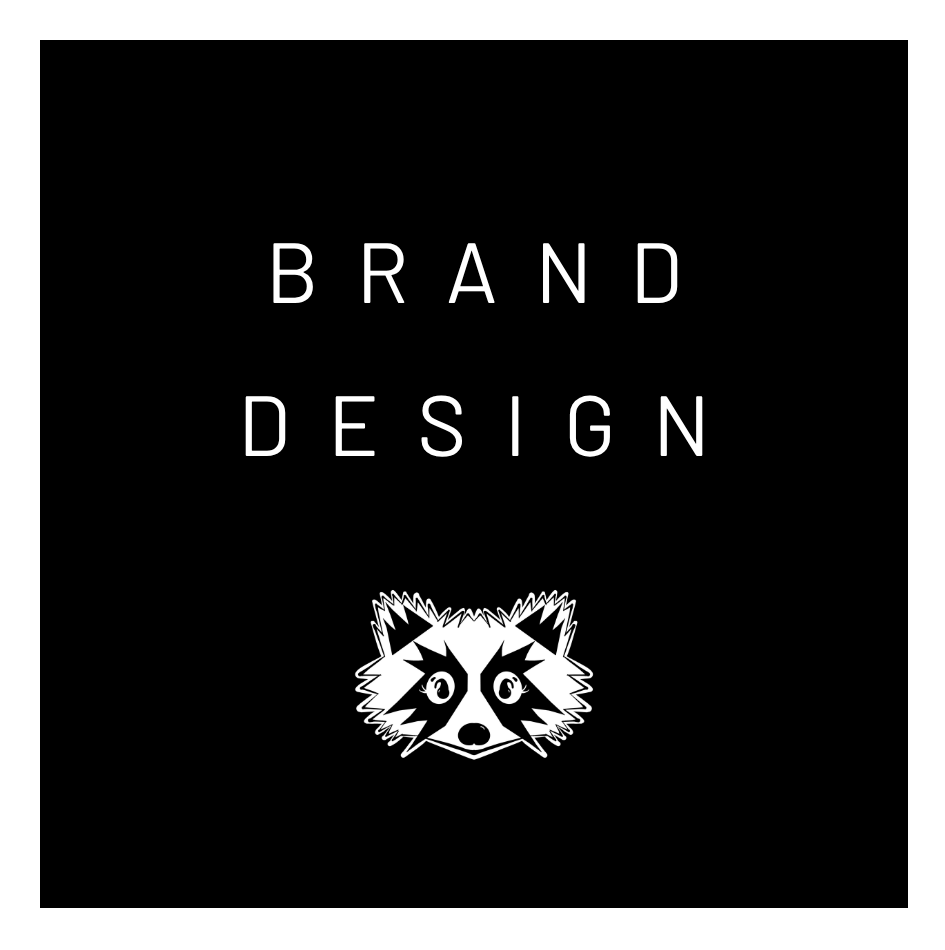 Black background with white text reading 'Brand Design' and a stylized raccoon face logo below.
