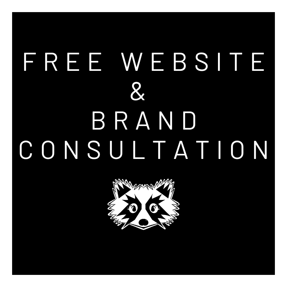 Black background with white text that reads 'Free Website & Brand Consultation' and a raccoon face logo below the text.