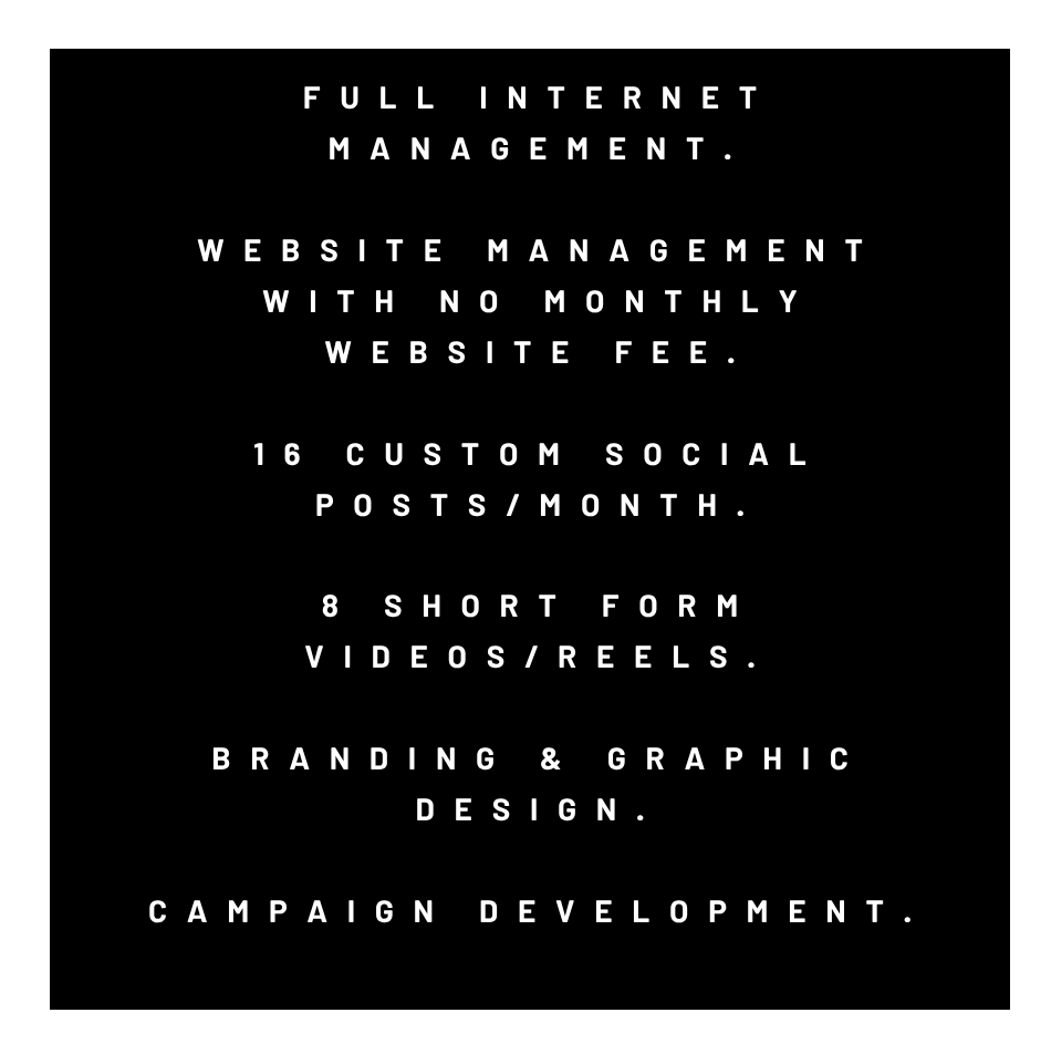 Black background with white text advertising internet management, website management without monthly fee, social posts, videos, branding, graphic design, and campaign development.