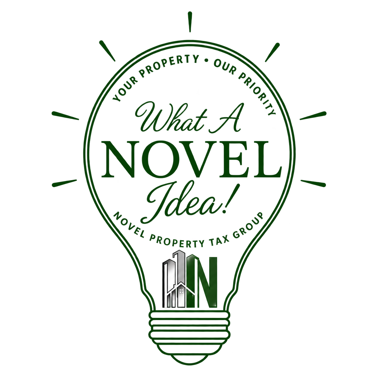 A graphic design featuring a lightbulb outline with the text 'What A NOVEL Idea!' inside, and additional text 'Your Property, Your Property, Your Property Tax Group' around the circle, with a small house icon integrated at the bottom inside the lightbulb.