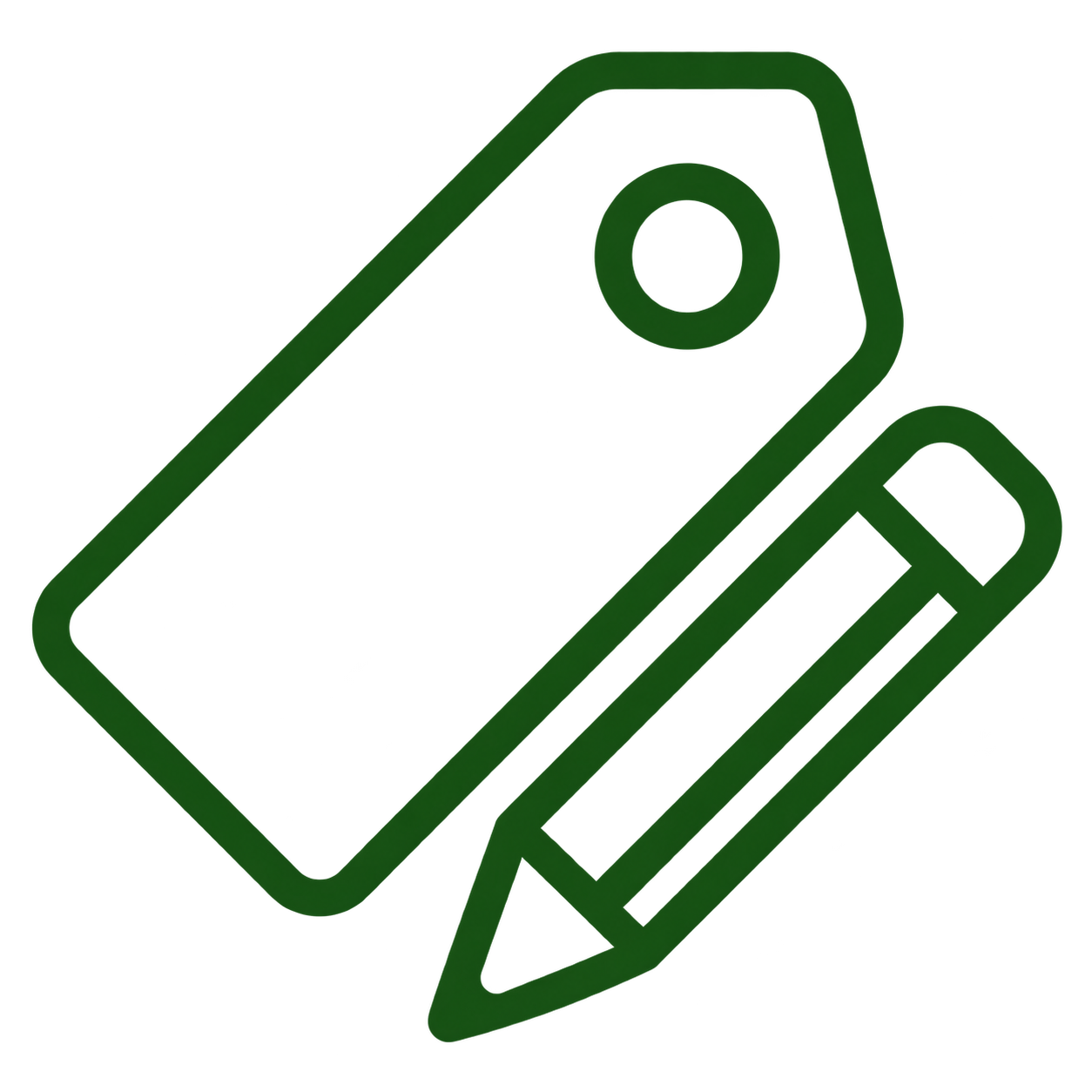 Green outline illustration of a luggage tag and a pencil.