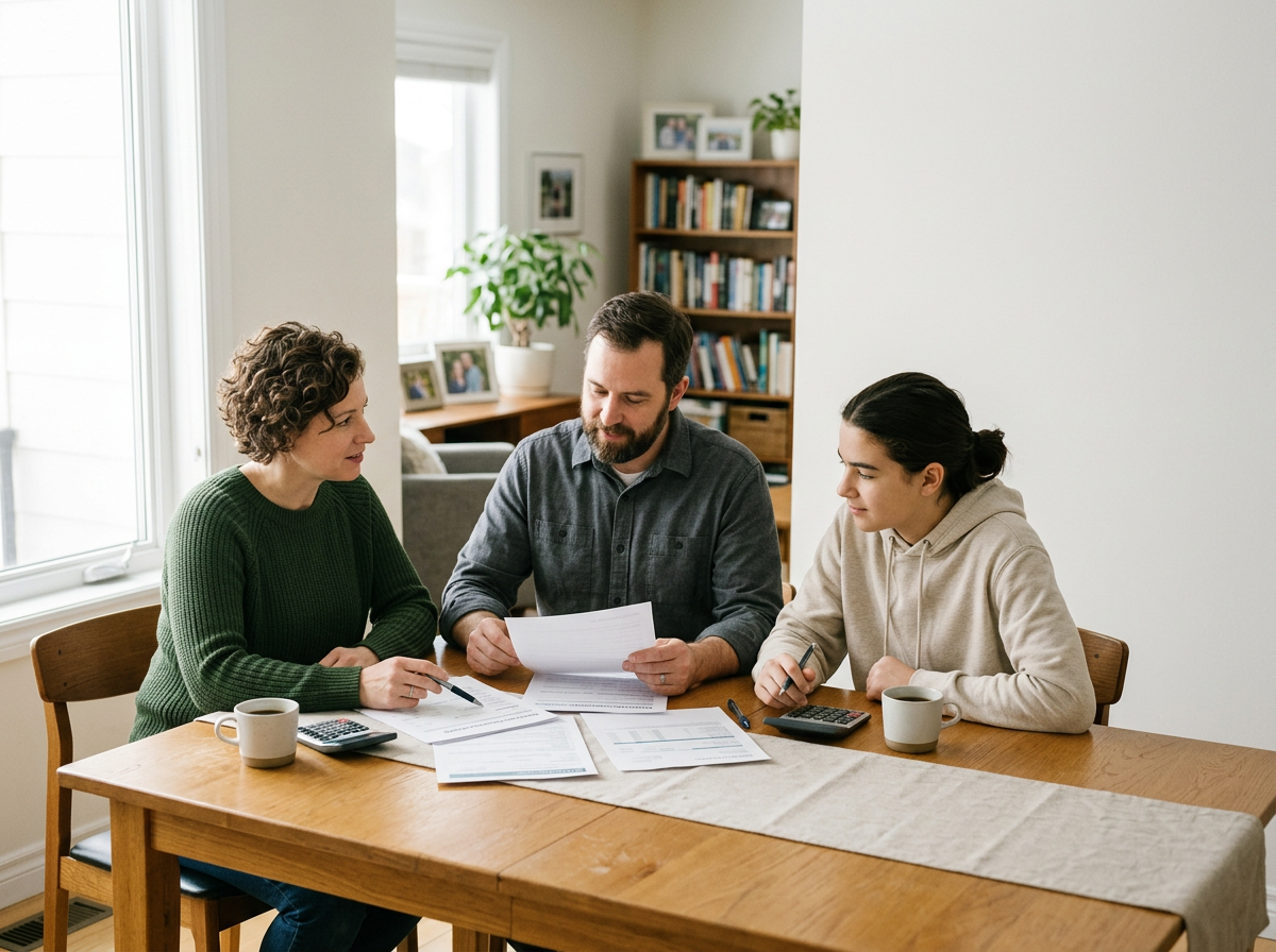 Three people sitting at a dining table having a discussion with papers, pens, a calculator, and coffee cups.