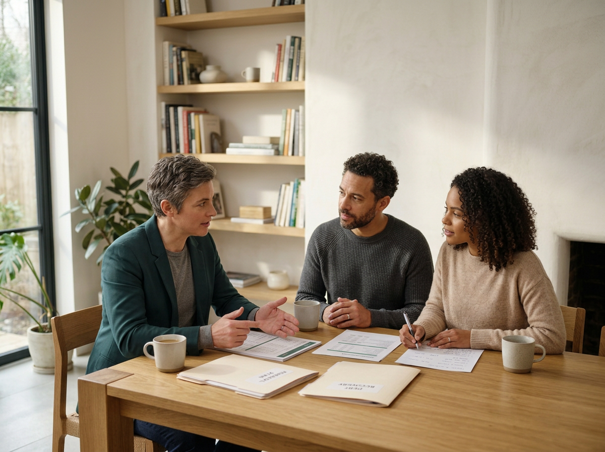 Three people sitting at a wooden table having a serious discussion in a well-lit room with bookshelves and potted plant. They have documents and coffee mugs in front of them.