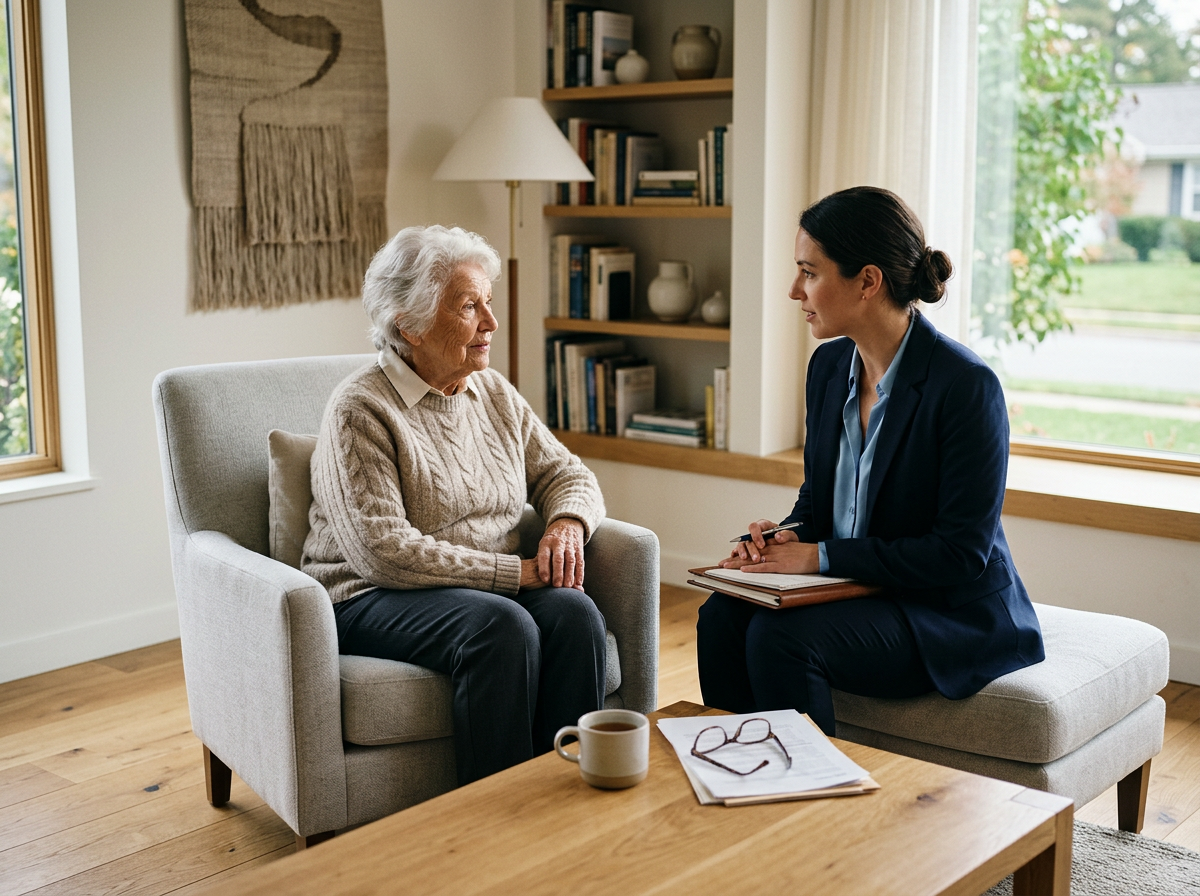A woman and an elderly woman sitting across from each other in a living room, having a conversation. The younger woman is holding a notepad and a pen, with glasses on a table in front of her. The room has large windows with a view of greenery outside.