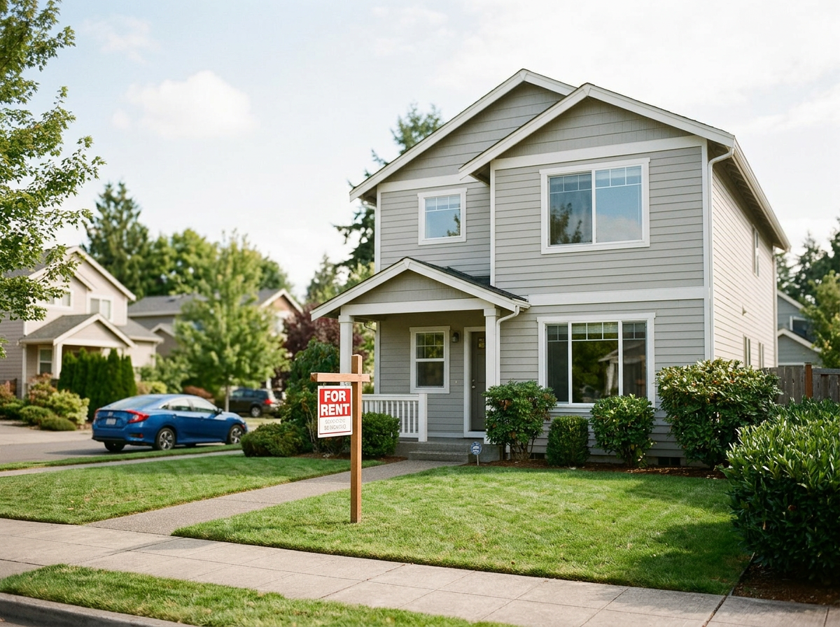 A gray two-story house with white trim and a front porch, with a 'For Rent' sign in the lawn, on a suburban street with other houses and cars parked in the background.