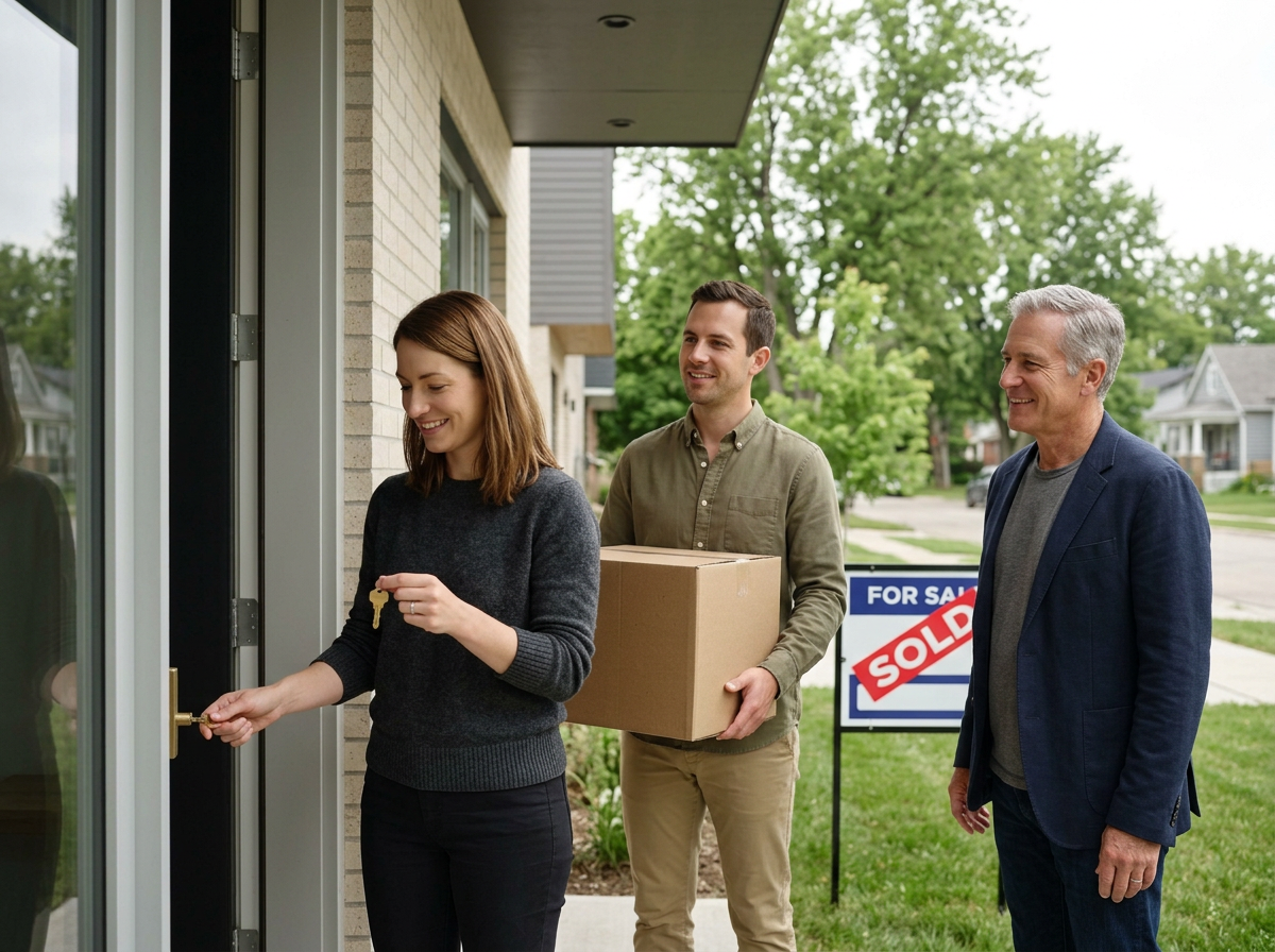 A young woman is unlocking the front door of a house while holding a key, with a man and an older man standing outside, holding a box and smiling. A 'Sold' sign is in the yard, indicating the house has been purchased.