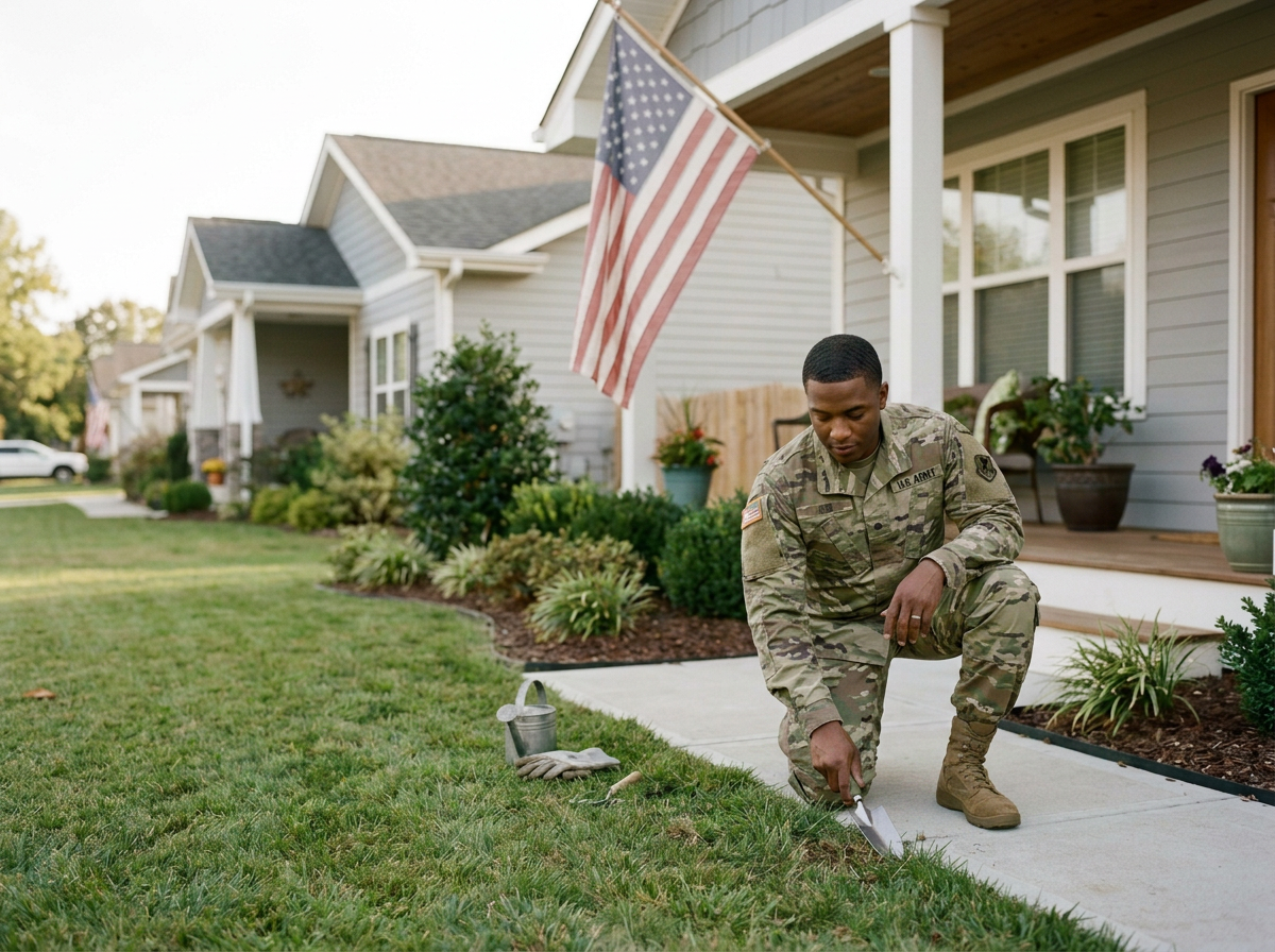 A soldier in uniform kneels on the sidewalk, planting a small seedling in the grass in front of a suburban house with an American flag.