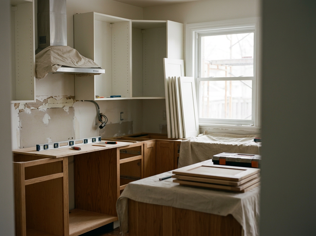 Kitchen under renovation with unfinished wooden cabinetry, empty wall cabinets, a window, and construction tools and materials scattered around.
