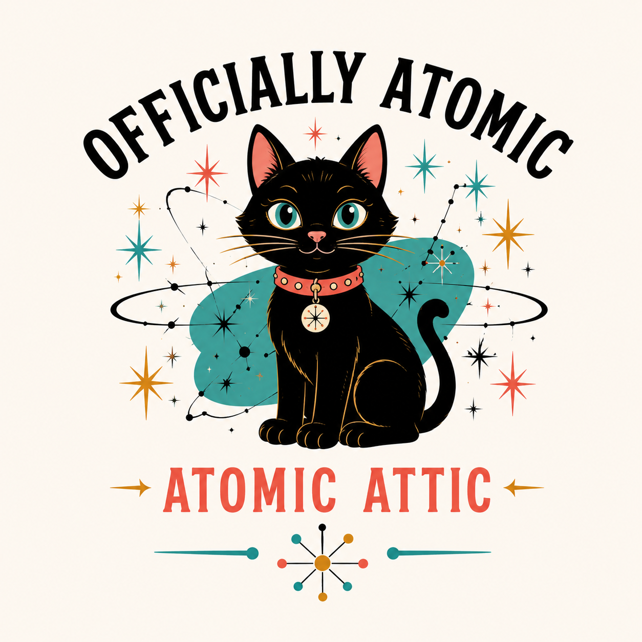Atomic Attic black cat mascot surrounded by retro atomic starbursts with “Officially Atomic” and “Atomic Attic” text.