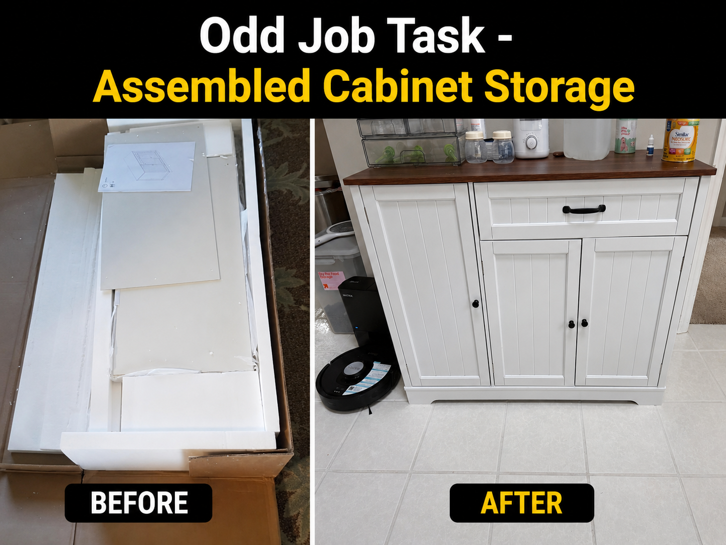 Another Odd Job Task complete! 🔧

From a box full of parts to fully assembled and ready to use. We assembled this cabinet storage unit, installed the doors and hardware, and made sure everything was properly aligned and secure.

Don’t have the time—