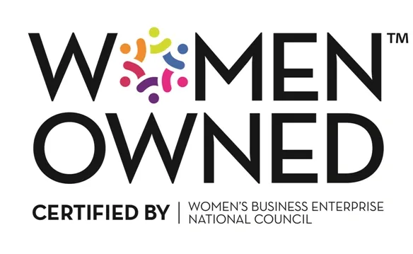 Logo for Women Owned, certified by Women's Business Enterprise National Council, featuring stylized human figures in colorful circles arranged in a circle.
