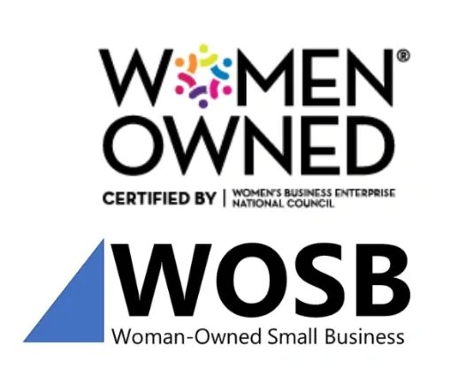 Logos of Women-Owned Business certifications, including 'Women Owned' certified by Women's Business Enterprise National Council and 'WOSB' for Woman-Owned Small Business.