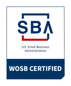 U.S. Small Business Administration logo with 'WOSB Certified' banner.